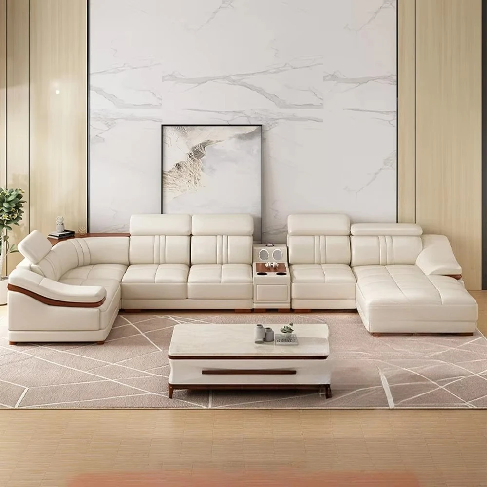 Linlamlim Premium Italian Genuine Leather Sofa Set for Living Room with Adjustable Headrests, Bluetooth Speaker, Wireless Charge