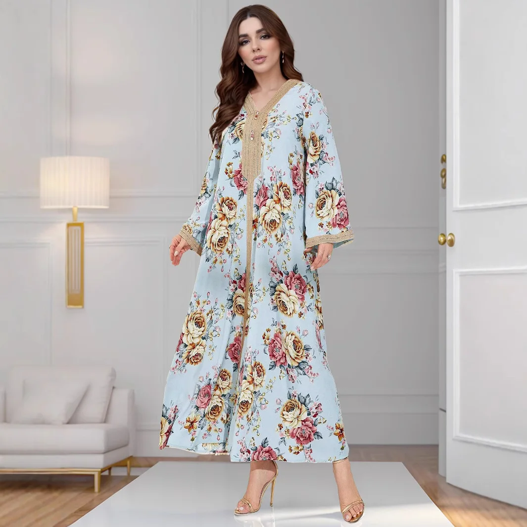 Vestido largo informal holgado con estampado de Oriente Medio para mujer, vestido largo Abaya con manga acampanada y empalme de cinta a la moda con cuello en V