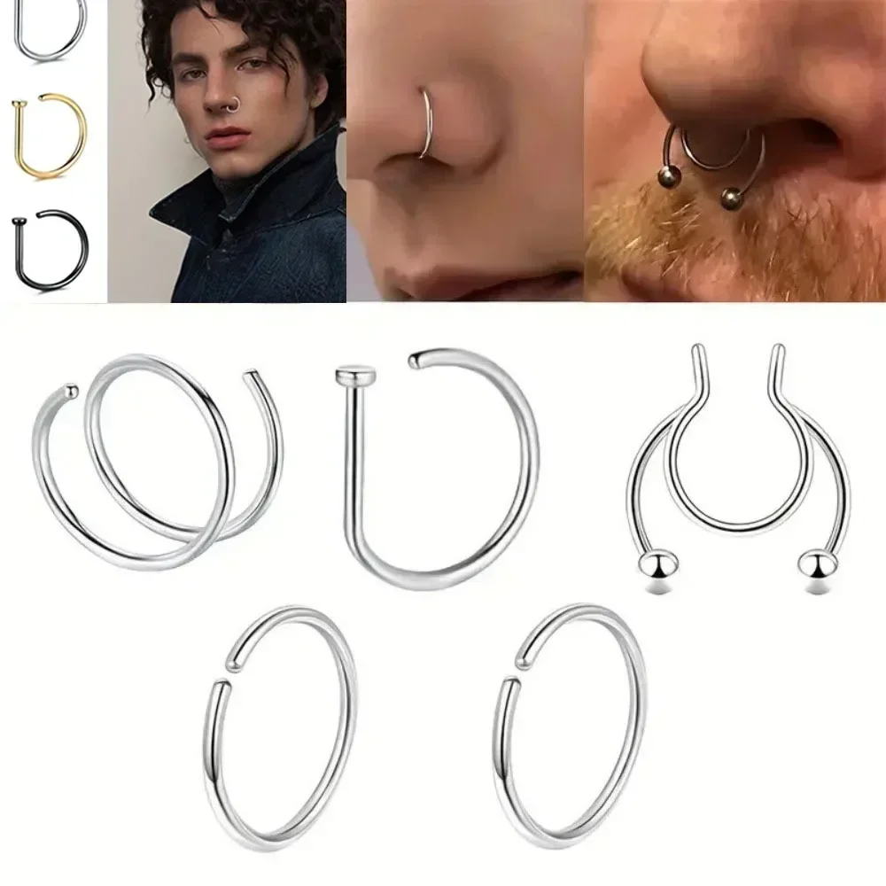 D-shaped Punk Nose Ring Stainless Steel Unisex Body Jewelry Nose Piercing for Men Women
