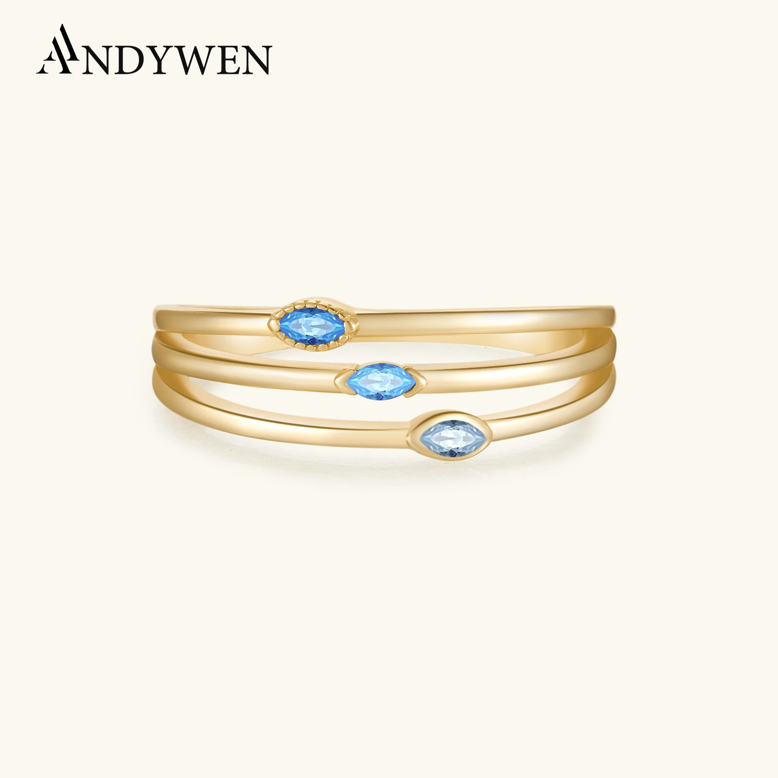 

ANDYWEN 925 Sterling Silver Gold Blue Ovals Zircon CZ Three Line Rins Women Fashion Fine Jewelry Gift Party Wedding Gift
