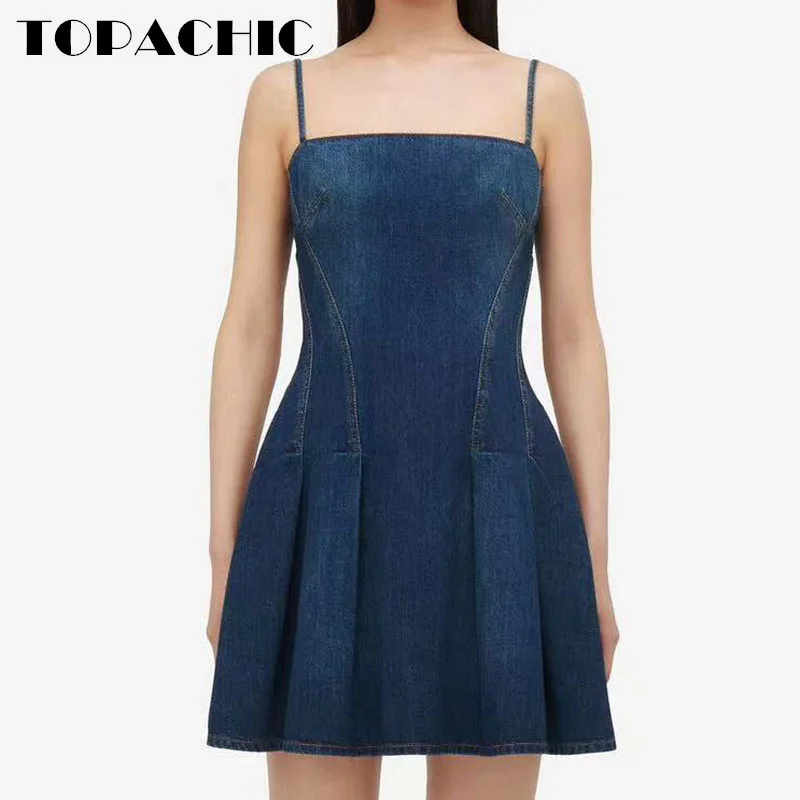 

7.18 TOPACHIC-Women Sexy Hot Girl Suspender Denim Dress 2024 New Sewing Spliced Collect Waist Design Side Pocker Mini Dress