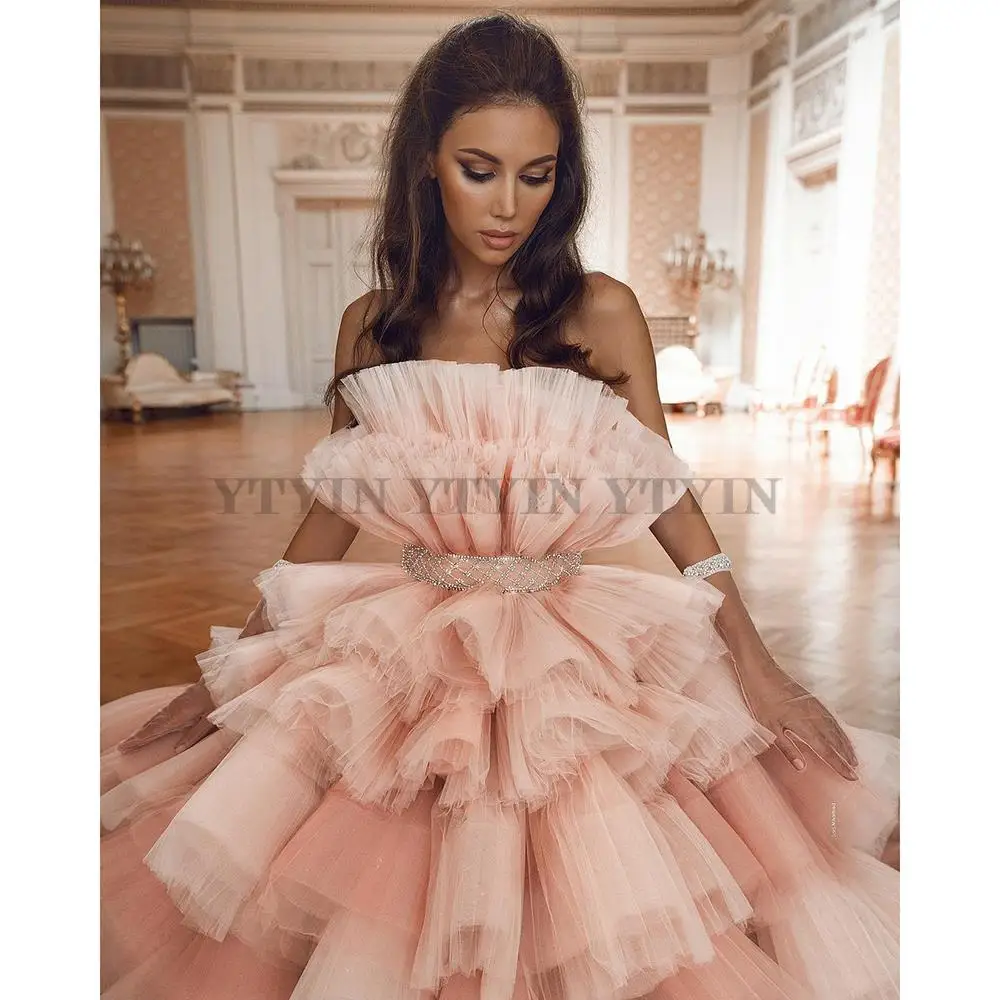 

Ball Gown Tiered Tulle Prom Dress Blush Pink Elegant Evening Dress Long Party Dress Robe de bal