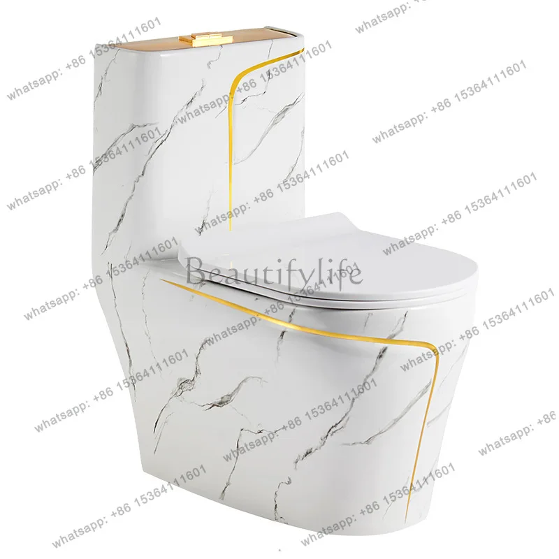 Foreign trade cross-border marble pattern gold thread siphon large diameter creative ceramic toilet