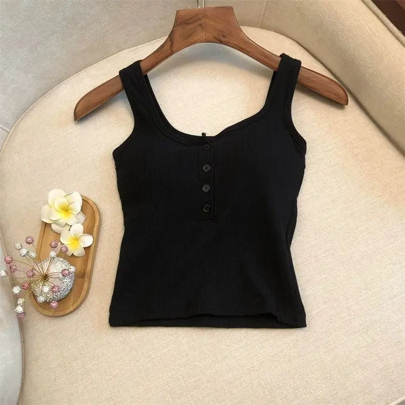 1-teiliges geripptes Henley-Tanktop für Damen, ärmelloses Camisole-Top mit quadratischem Ausschnitt und Knopfleiste vorne und integriertem BH – Detail 7