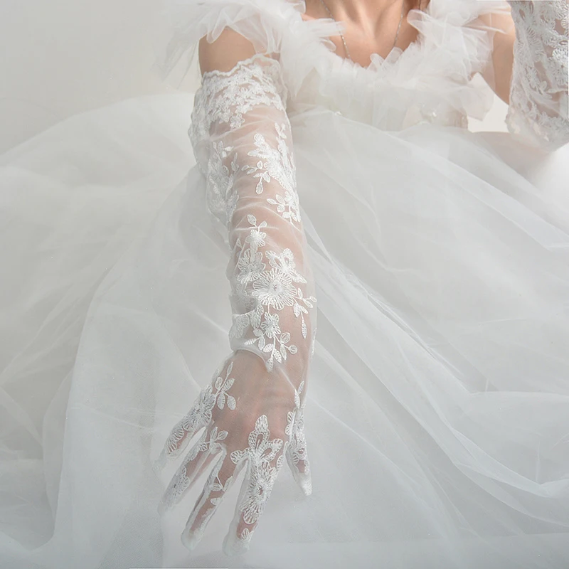 White Flower Lace Long Gloves 62cm 24' Extra Long Tulle Mesh Semi Sheer Evening Women's Fashion Accessory