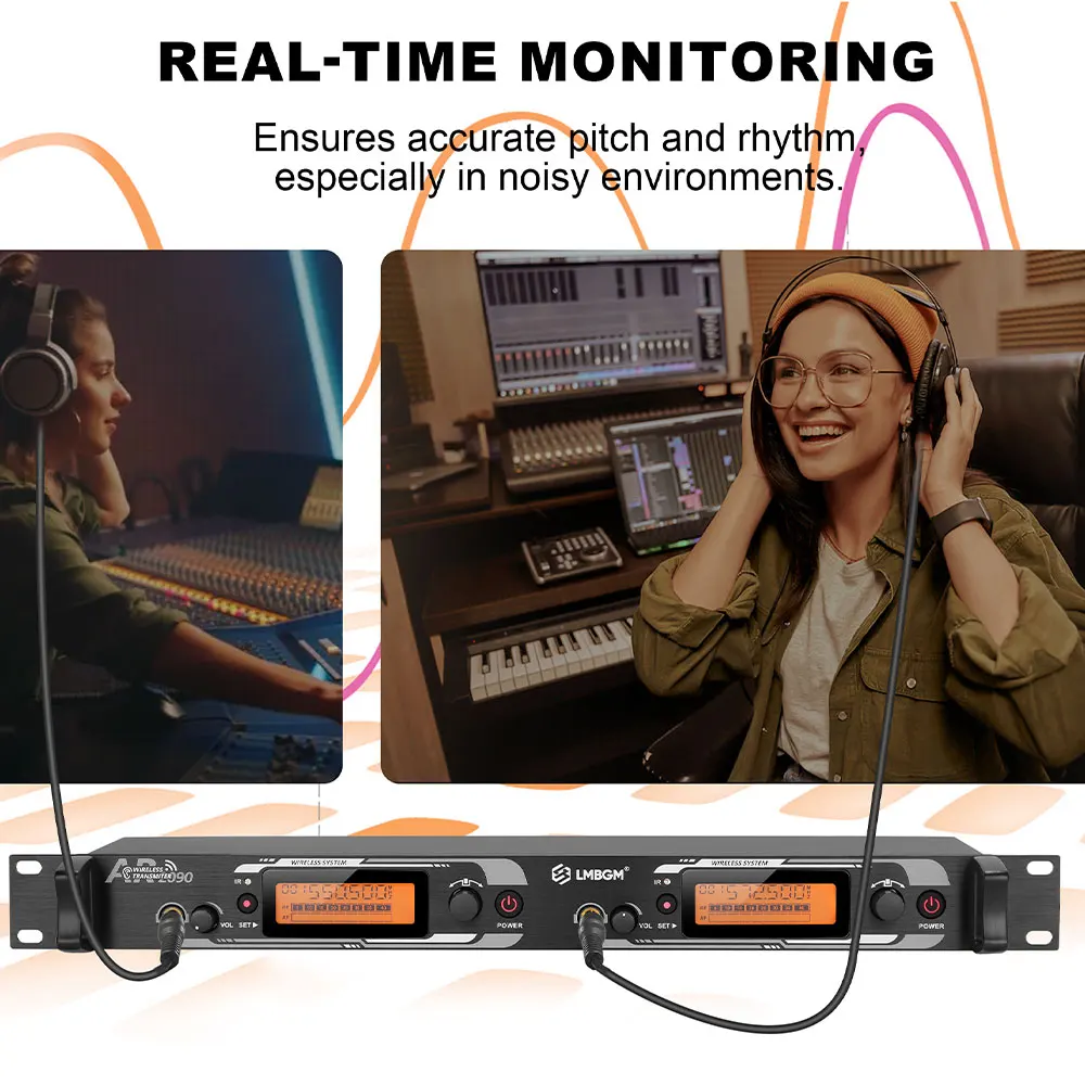 LMBGM AR2090 Pro UHF Professional Wireless In Ear Monitor System Mono Audio 164FT Range Dual Channel Metal Panel Stage Monitor Infrared Pairing 16CH Selectable Frequency for Band Studio Live Performance Church Karaoke DJ Stage Shows (2 Beltpack Receivers) view 6