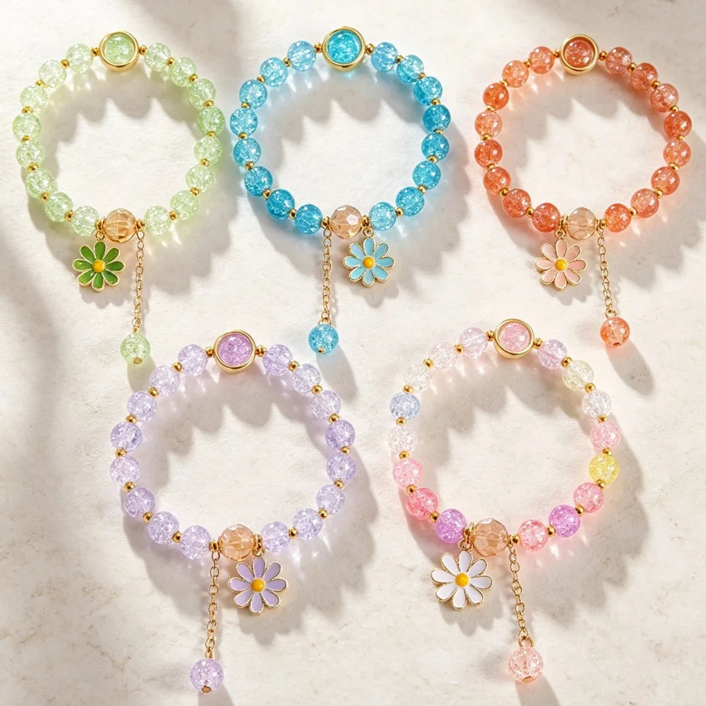 Crackle Crystal Beaded Daisy Bracelet Set Sweet Floral Stackable Charm Wristbands For Young Girls