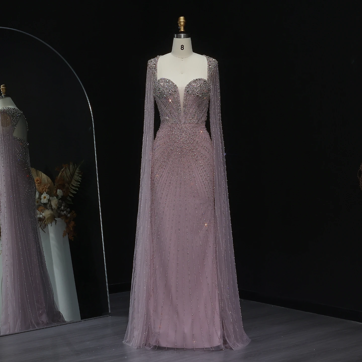 Sharon Said Luxury Beaded Nude Dubai Evening Dress with Cape Sleeves Elegant Pink Arabic Wedding Party Gowns SS194 Customized