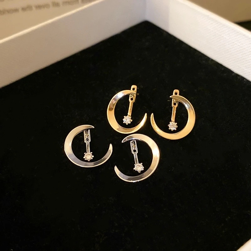 Golden Crescent Moon Stud Earrings Women's Inlaid Zircon Letter C-Shaped Ear Studs Reversible Trendy Minimalist Ear Jewelry K1