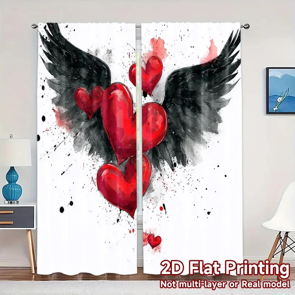 2pcs, 2D FLAT PRINTING Curtains (Without Rod) HeartWings Chic Curtains Machine Washable Fabric Curtains Decorations For Home Use