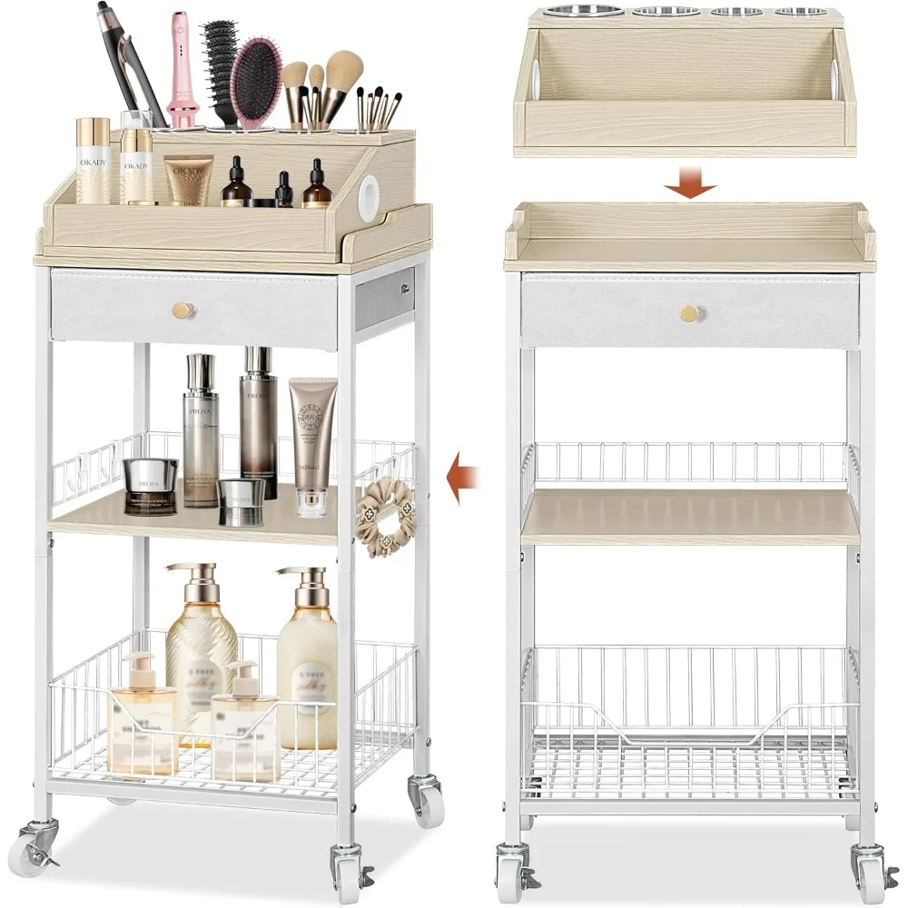 

Large Makeup Organizer Cart with Removable Display Case, Drawer, and Tool Cups - White & Natural
