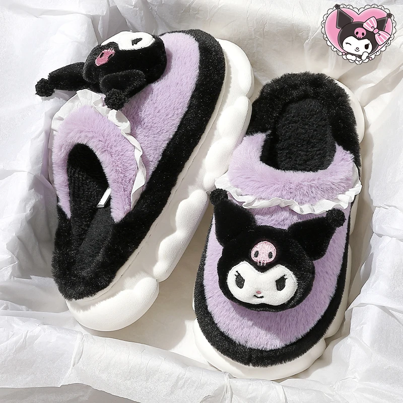 Zapatillas de felpa de Anime Sanrio Kuromi para mujer, Hello Kitty Kawaii My Melody, zapatos planos de algodón para invierno, mantienen el calor, linda chica estudiante dulce