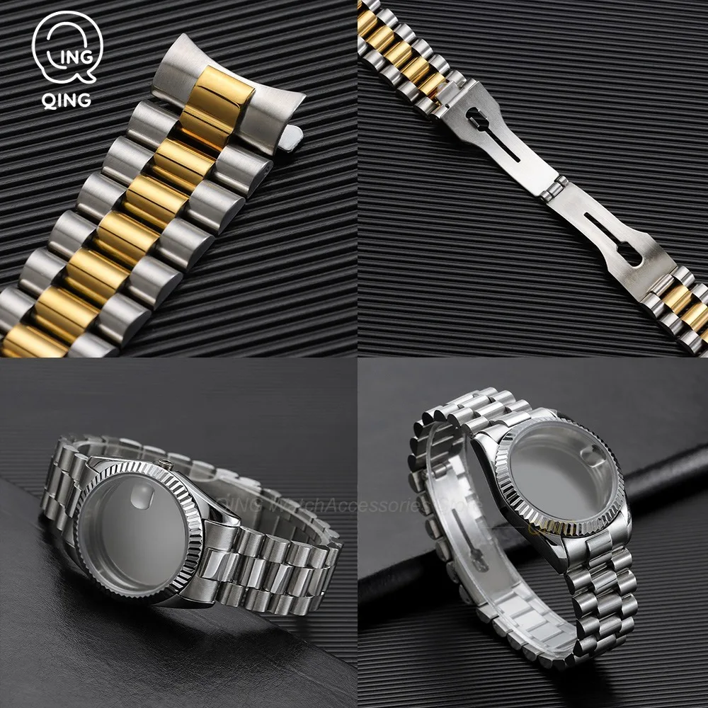 20mm Brushed Polished Metal Watch Band for Rolex Oyster NH35 Solid Stainless Steel Straps Bracelet Presidential Glide Lock Clasp