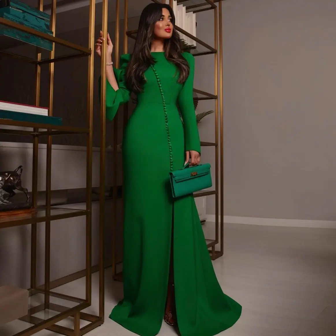 Cenove Green Tight Prom Dress Floor-Length With Long sleeves Evening Summer Party Dress For Women2024