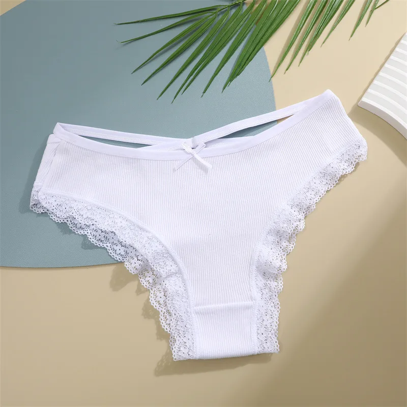 3 PCS / Sets Womens Cotton Underwear With Bow Sexy Lace Edge Bikini Panties Low Rise Soft Stretch Ladies Cotton Cheeky Hipster