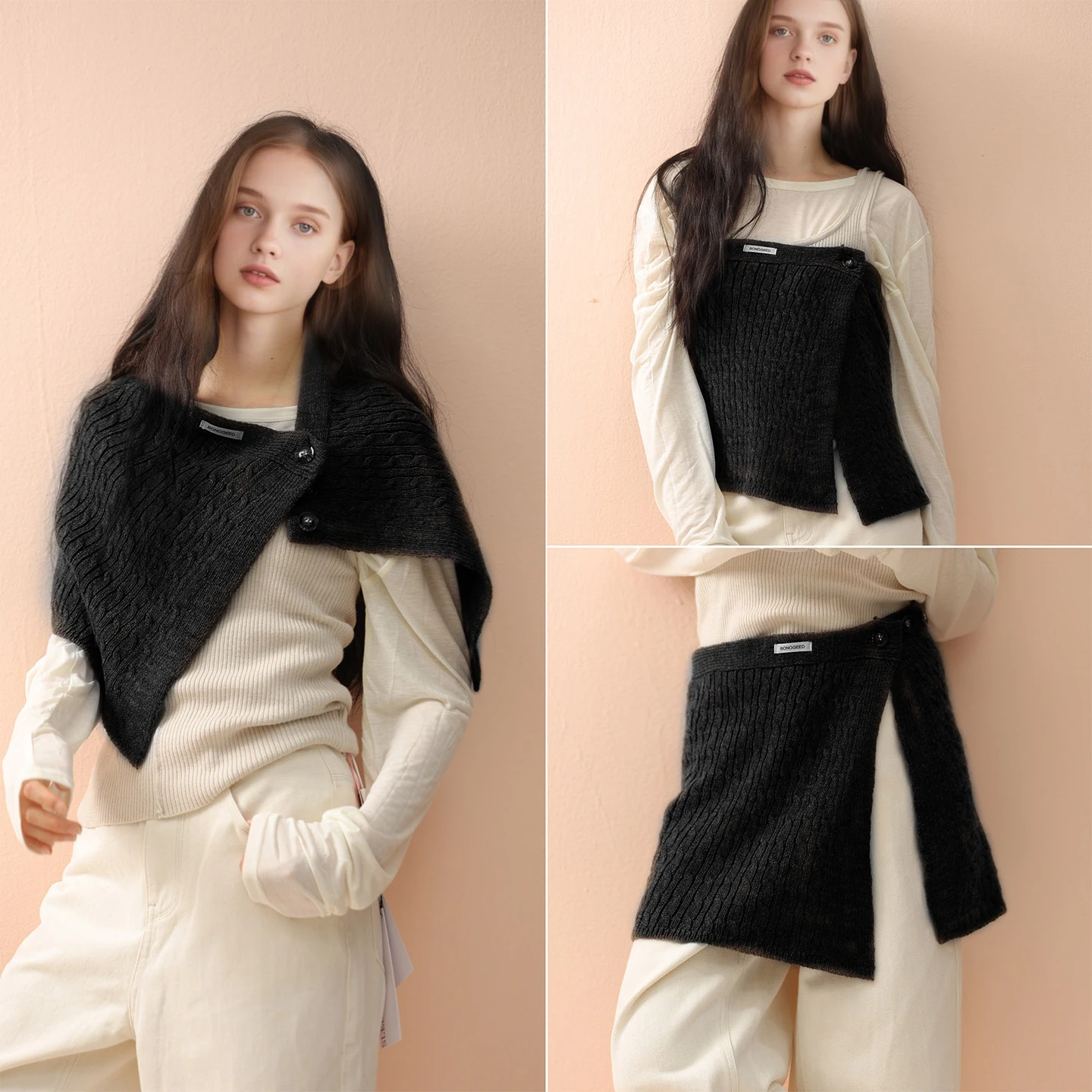 Women Cable Knit Wrap Skirt, Knitted Waist Layering Cover Up, Irregular Overlay Shawl, Knit Waist Cover view 5