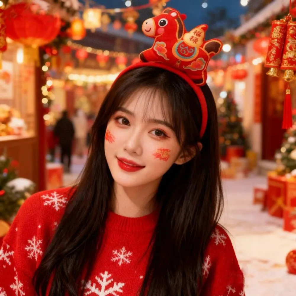 

Cute Cartoon New Year Headband Horse Doll Mascot Horse Hairband Red Hair Hoop Plush Horse Headband Women