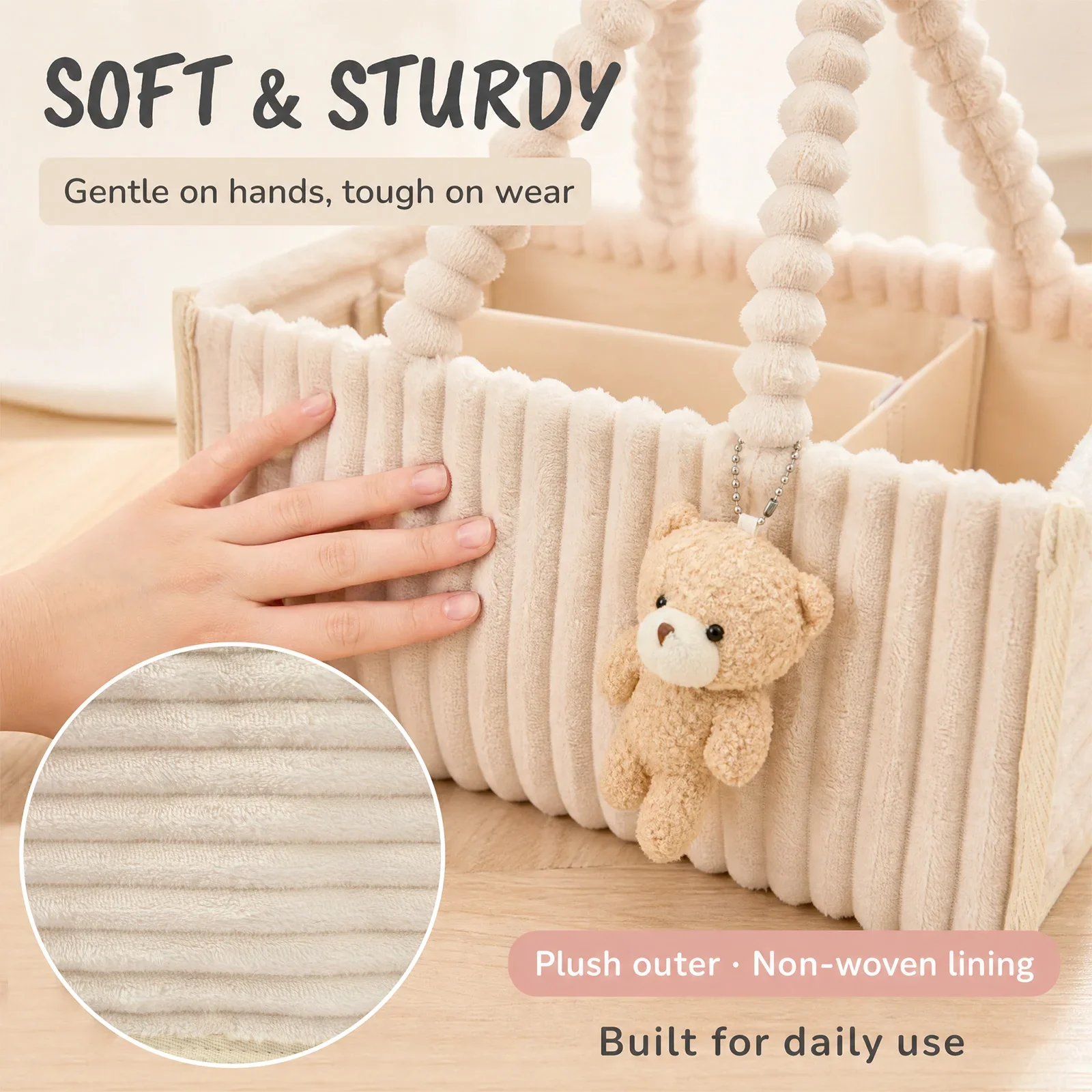 Baby Diaper Caddy Organizer Corduroy Diaper Storage Basket with Handle Foldable Multi-pocket Newborn Nappy Storage Organizer