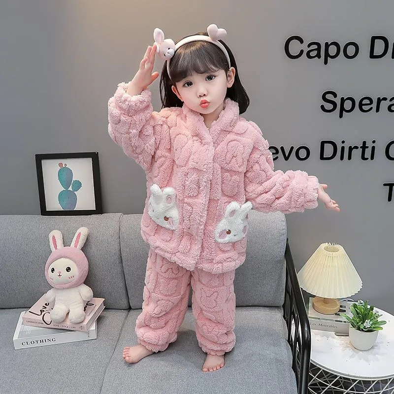 

Kids Autumn Winter Coral Fleece Sleepwear 2 Piece Set Warm Cozy Pajamas for Boys Girls Thickened Fleece