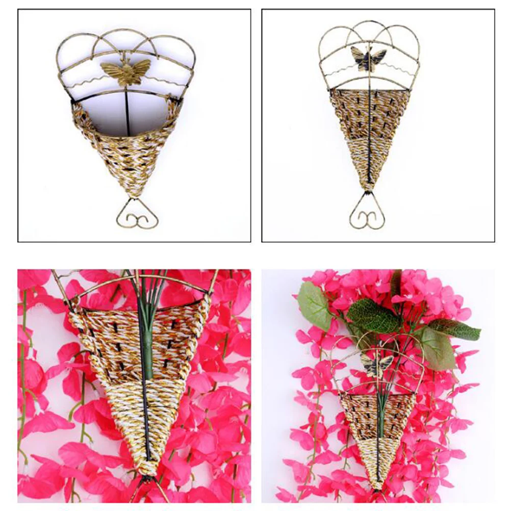 

Fan Shape Iron Woven Wall Flower Basket Hanging Vase Planter Organizer for Home Garden Bathroom Kitchen Decor Iron Flower Basket