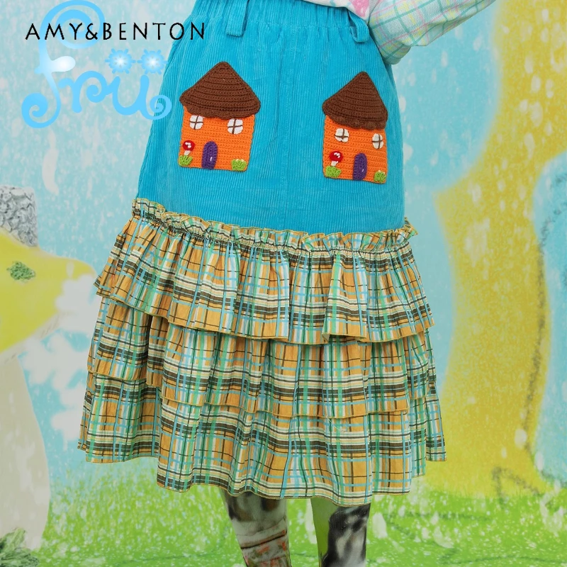 

Original Design Blue Corduroy Plaid Splicing Sweet Women's Skirt 2025 Autumn Winter New Warm Playful Versatile Skirts Ladies