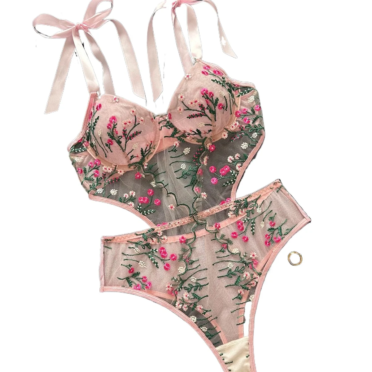 Womens Erotic French Style Floral Embroidery Sensual Mesh See Through Waist Shaping Alluring Charming Premium Erotic Bodysuit
