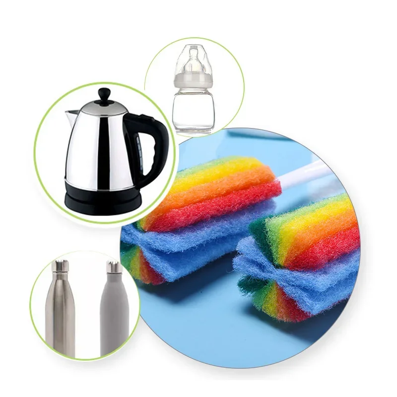 Long Handle Sponge Brush Washing Dishes Tea Coffee Glass Cup Bottle Household Cleaning Tool Rainbow Scouring Cloth Cup Brush