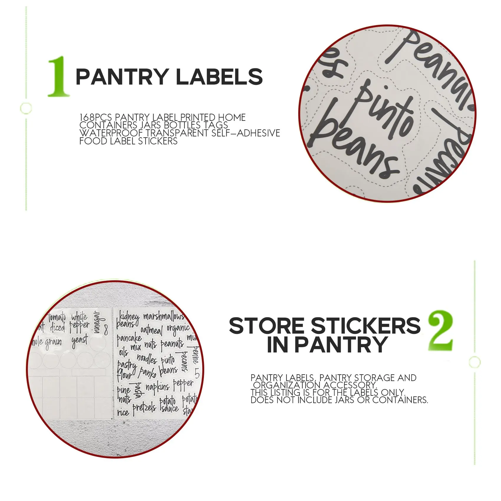 ABKS-168PCS Pantry Label Printed Home Containers Jars Bottles Tags Waterproof Transparent Self-Adhesive Food Label Stickers