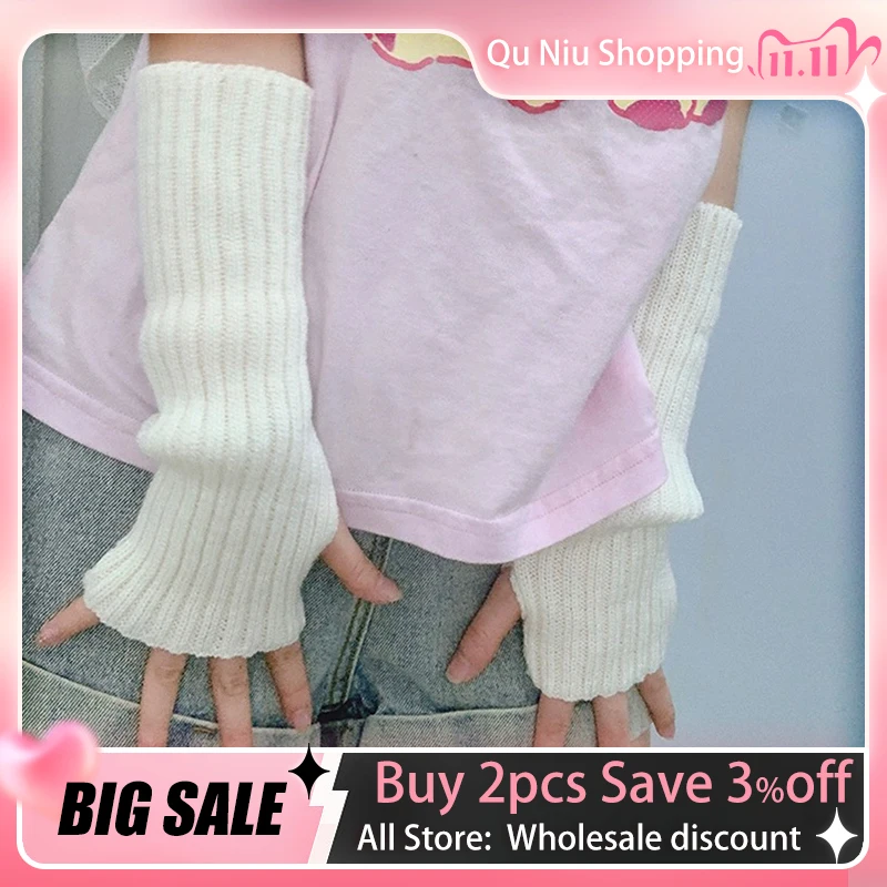 Girls Y2K Half-finger Knitted Arm Sleeves Autumn Winter Fingerless Korean Harajuku Arm Warmers Touch Screen Solid Color Mittens