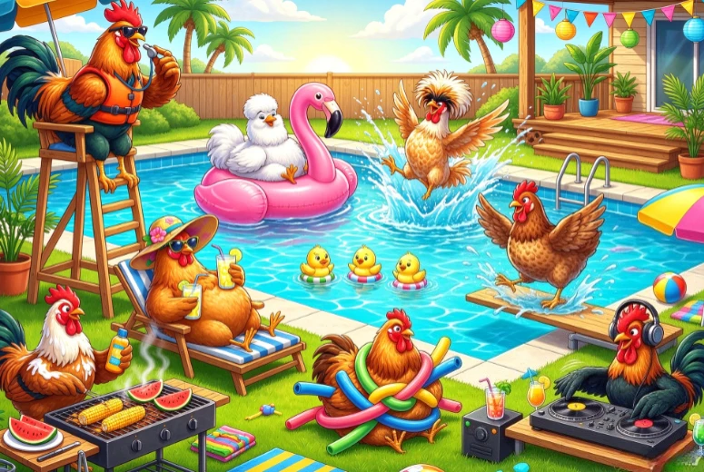 Jigsaw Puzzle 500/1000/1200/2000PCS Cute Rooster Pool Party Backyard Barbecue Tropical Summer Artwork DIY Puzzle Tabletop Decor