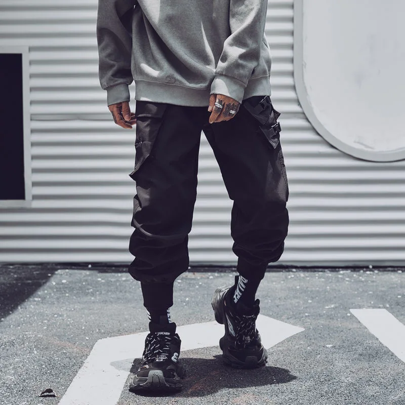 2024 Tactical Pants Men Fashion Multi Pocket Functional Trousers Elastic Waist Hip Hop Streetwear Pants Black