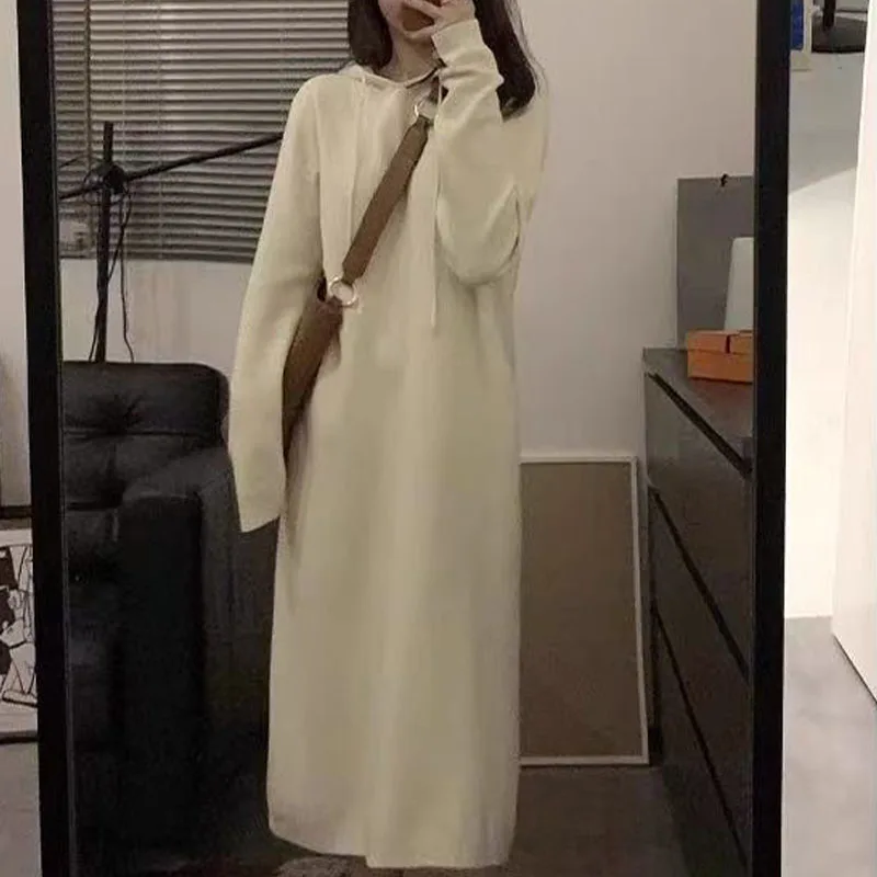 

Fall/Winter Hooded Sweater Long Sleeve Knit Dress Female Bottoming Long Wool Skirt