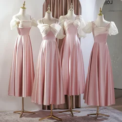 Pink Satin Bridesmaid Dress Sweet Bow Square Collar Wedding Female Guest Dresses 4 Styles Long A-Line Prom Party Vestido