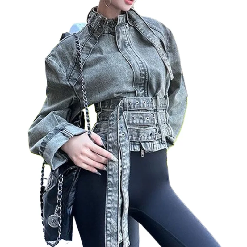 American Retro Spice Girl Niche Design Slim Royal Sister Style Korean Thin Versatile Denim Stand-up Collar Short Jacket Shirt