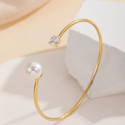 European and American Simple Style Zircon Round Beads Freshwater Pearl Open Bracelet Simple Temperament Hand Jewelry