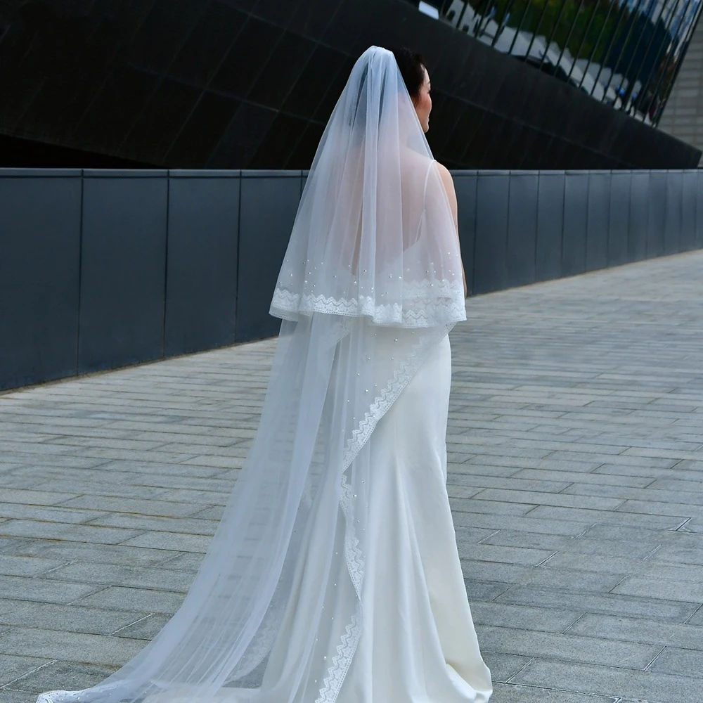 Accessori per capelli da sposa abito da festa doppio velo di pizzo di perle gioielli da sposa copricapo compleanno donna di lusso cerimonia damigella d'onore