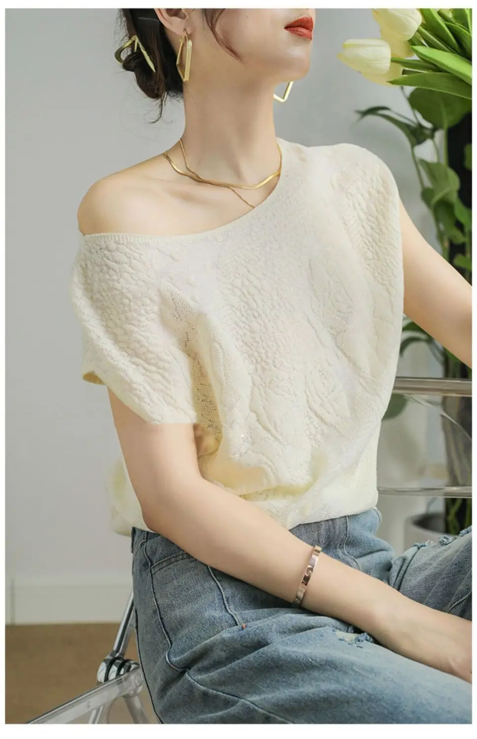 ฤดูร้อนผู้หญิงแขนสั้น Hollow Out Femaleice ผ้าไหมถักใหม่สบายๆ Topsfashion Basic Solid เสื้อผ้า Z283