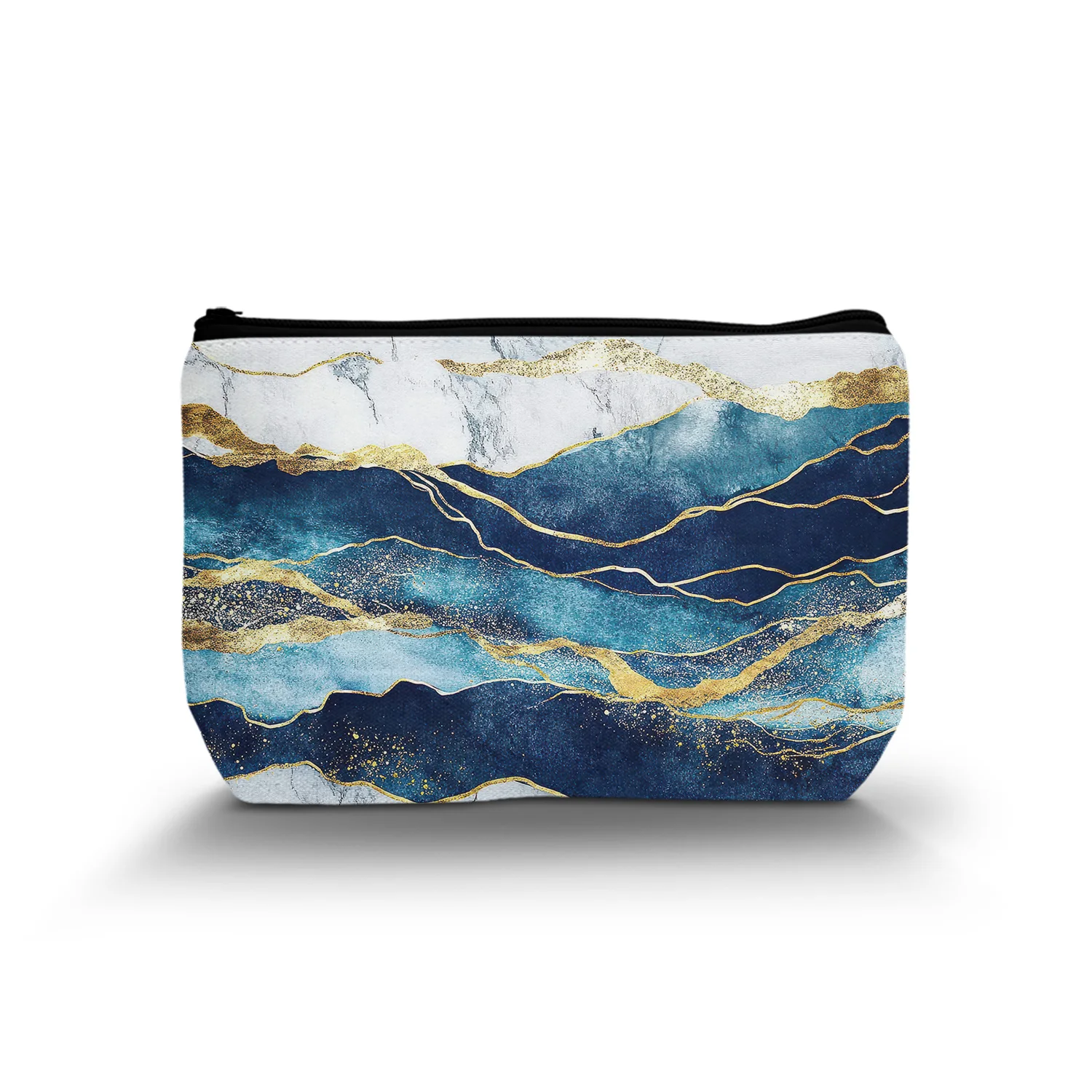 1Pc Blue Gold Marble Travel Makeup Bag Portable Cosmetic Bag Pouch Bag With Zipper Chinoiserie Gifts For Women A 8.66X5.51Inch