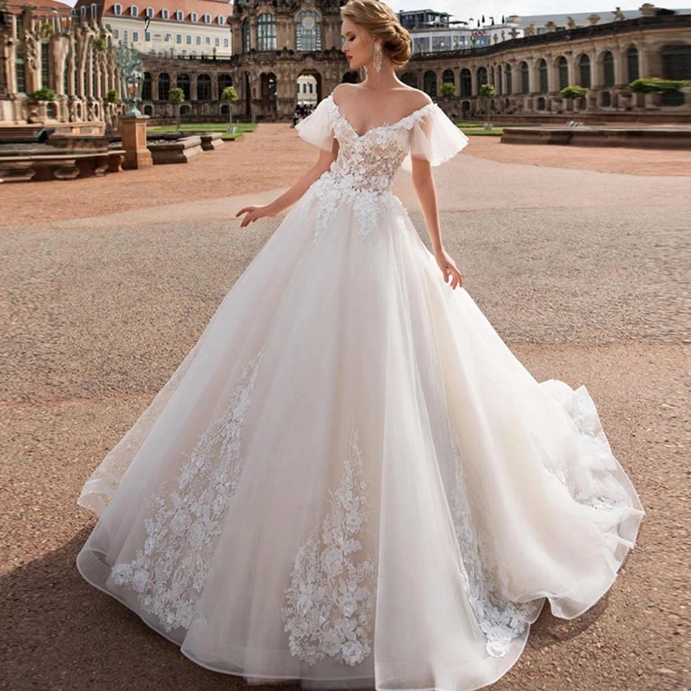 Vestido de casamento linha A com apliques, decote V, sem costas, fora do ombro, zíper, elegante, luxo, 2023