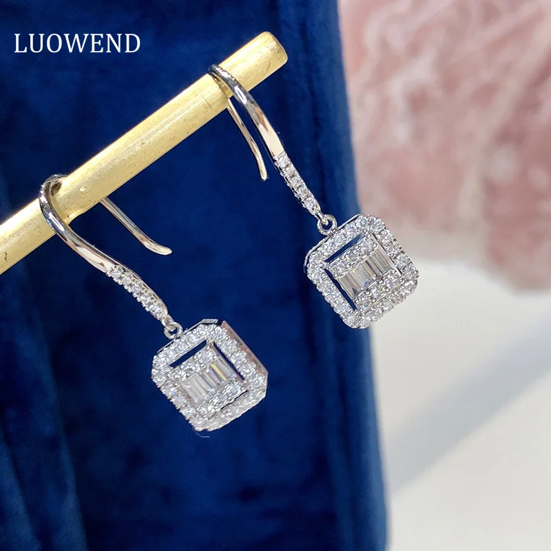 

LUOWEND 18K White Gold Earrings 0.50carat Real Natural Diamond Drop Earrings for Women Party Jewelry Fashion Geometric Design