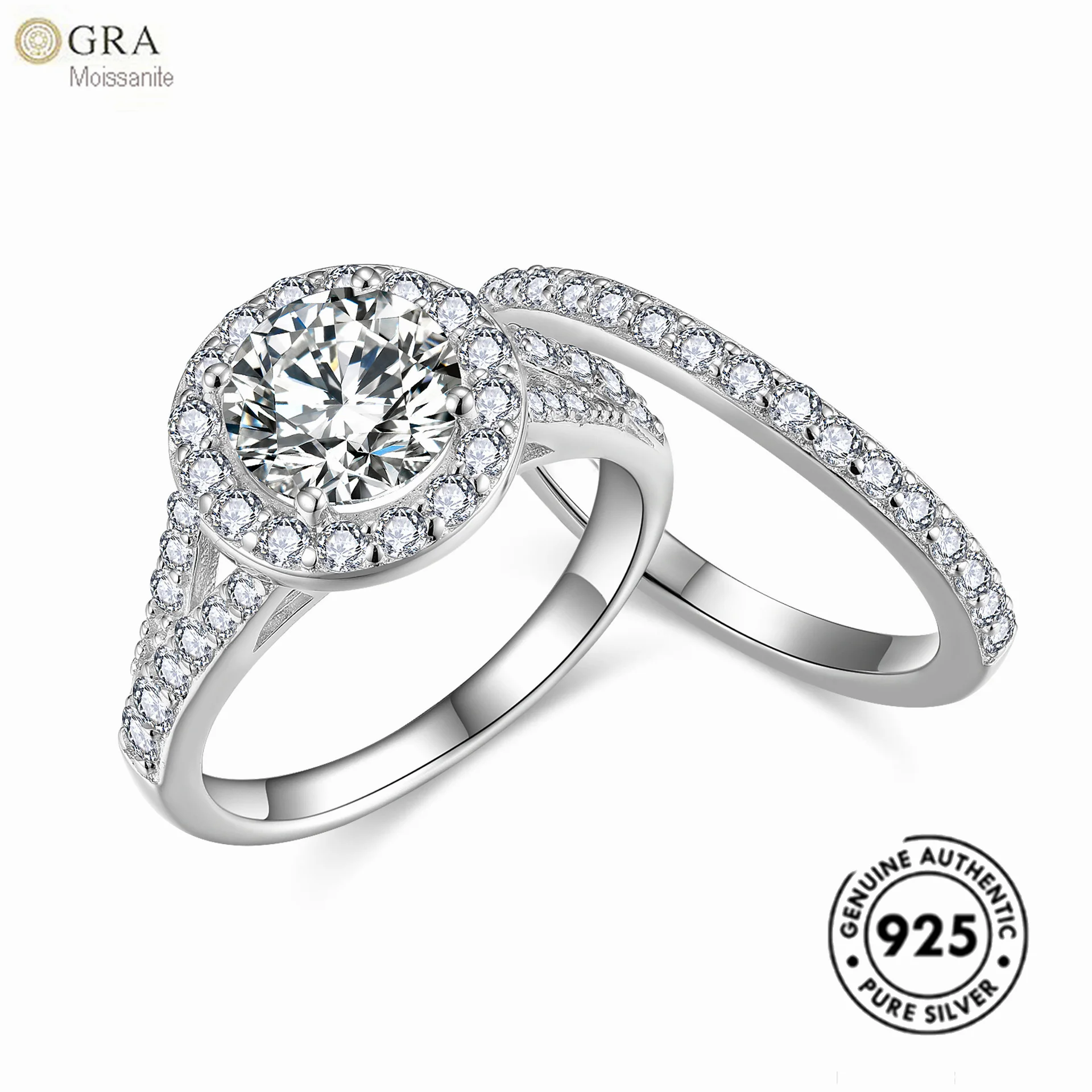 

Solid 925 Sterling Silver White Gold Plated Jewelry Diamond Ring 1.5ct Round Moissanite Stacked Cuple Ring Sets For Women
