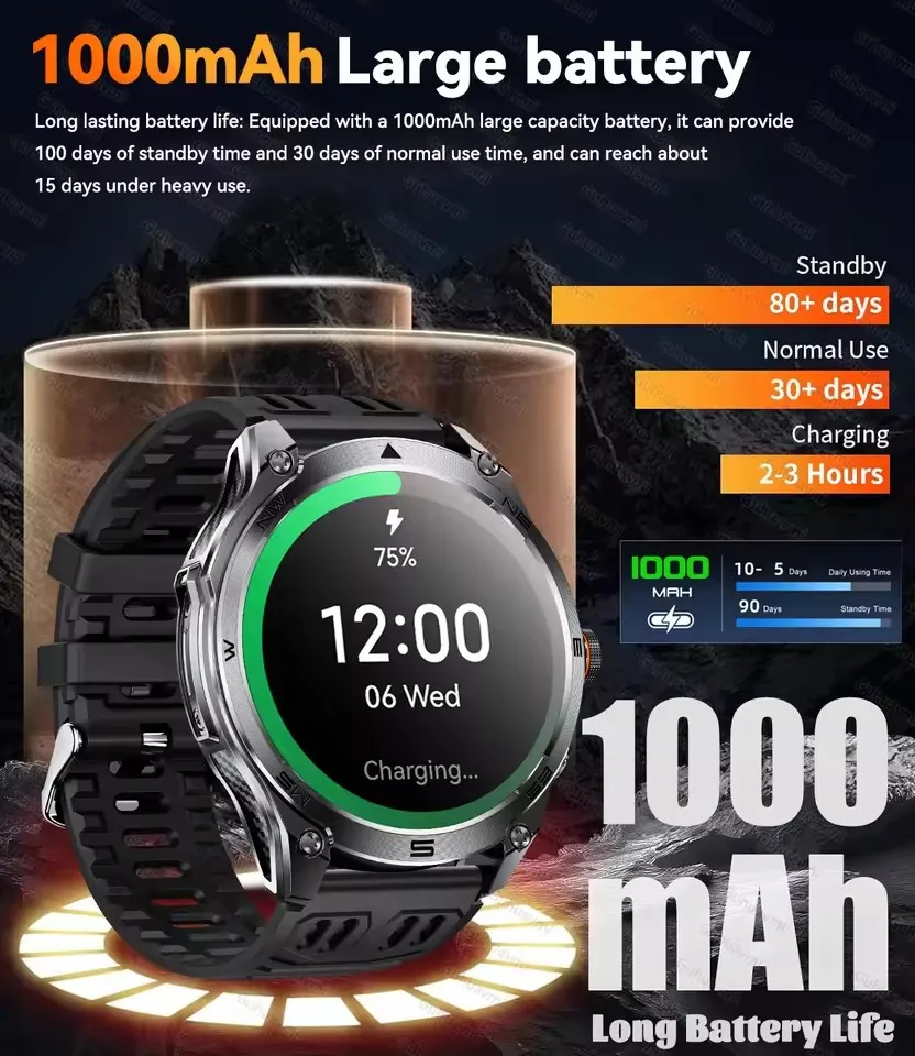 2025 جديد نظام تحديد المواقع SmartWatch الرجال 1000Mah بطارية البوصلة 5ATM مقاوم للماء تكتيكات الرياضة مصباح يدوي BT دعوة ساعة ذكية لنظام IOS أندرويد