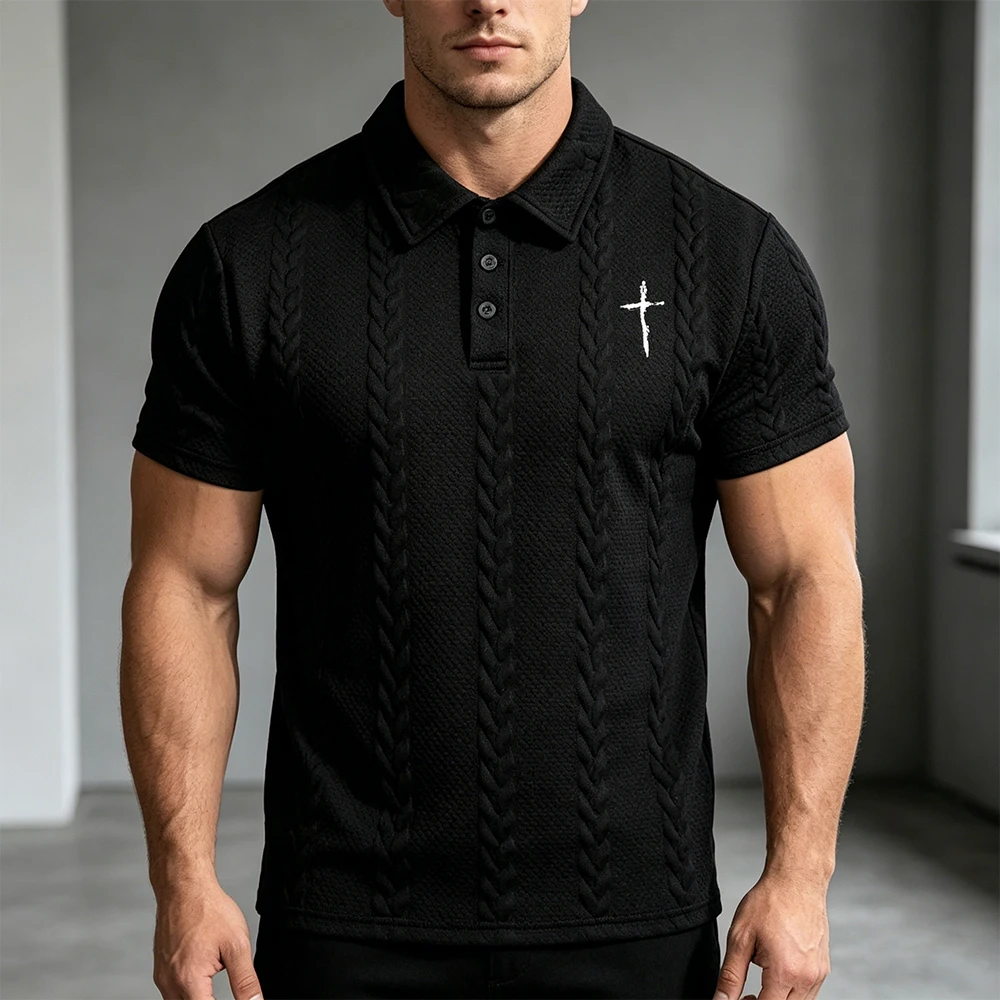 Men's Wheat Jacquard Polo Shirt Cross Print Short Sleeve Cable Knit Textured 3 Button Placket Casual T-shirt Streetwear Daily