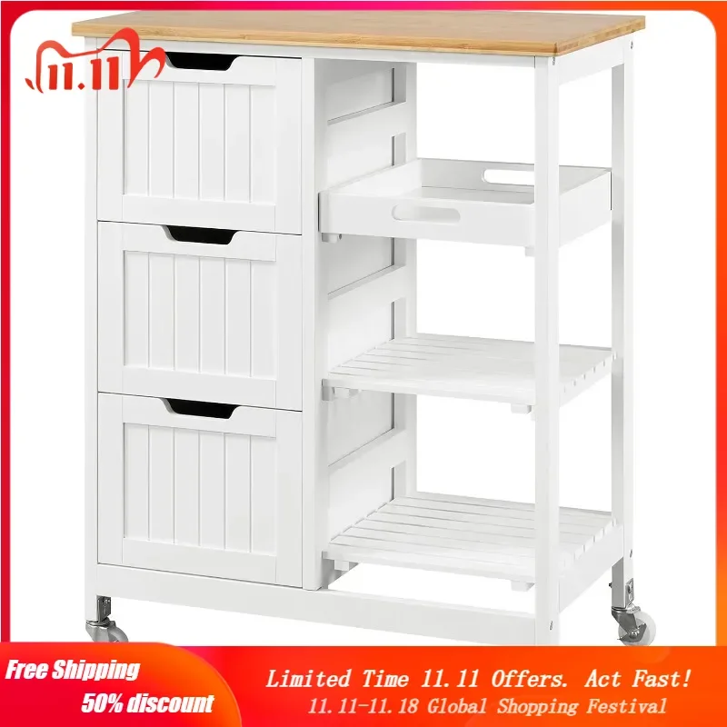 

Rolling Kitchen Cart with Bamboo Top, 3 Drawers, 3 Shelves, Lockable Casters - for Dining Room