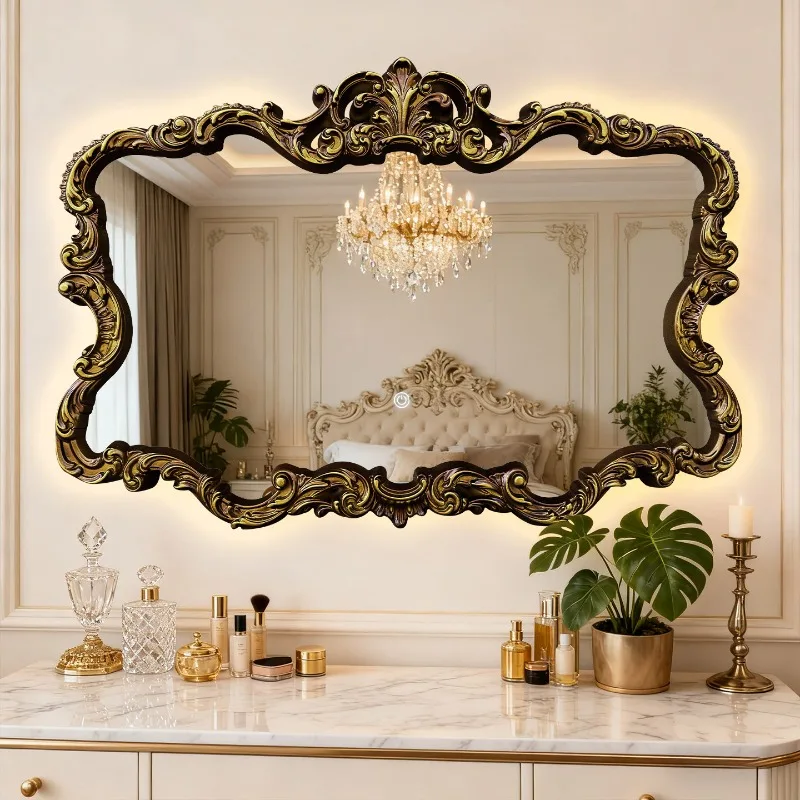 High-end Carved Wall Mirror, Decorative Hanging Mirror for Bathroom Living Room Entryway Dressing
