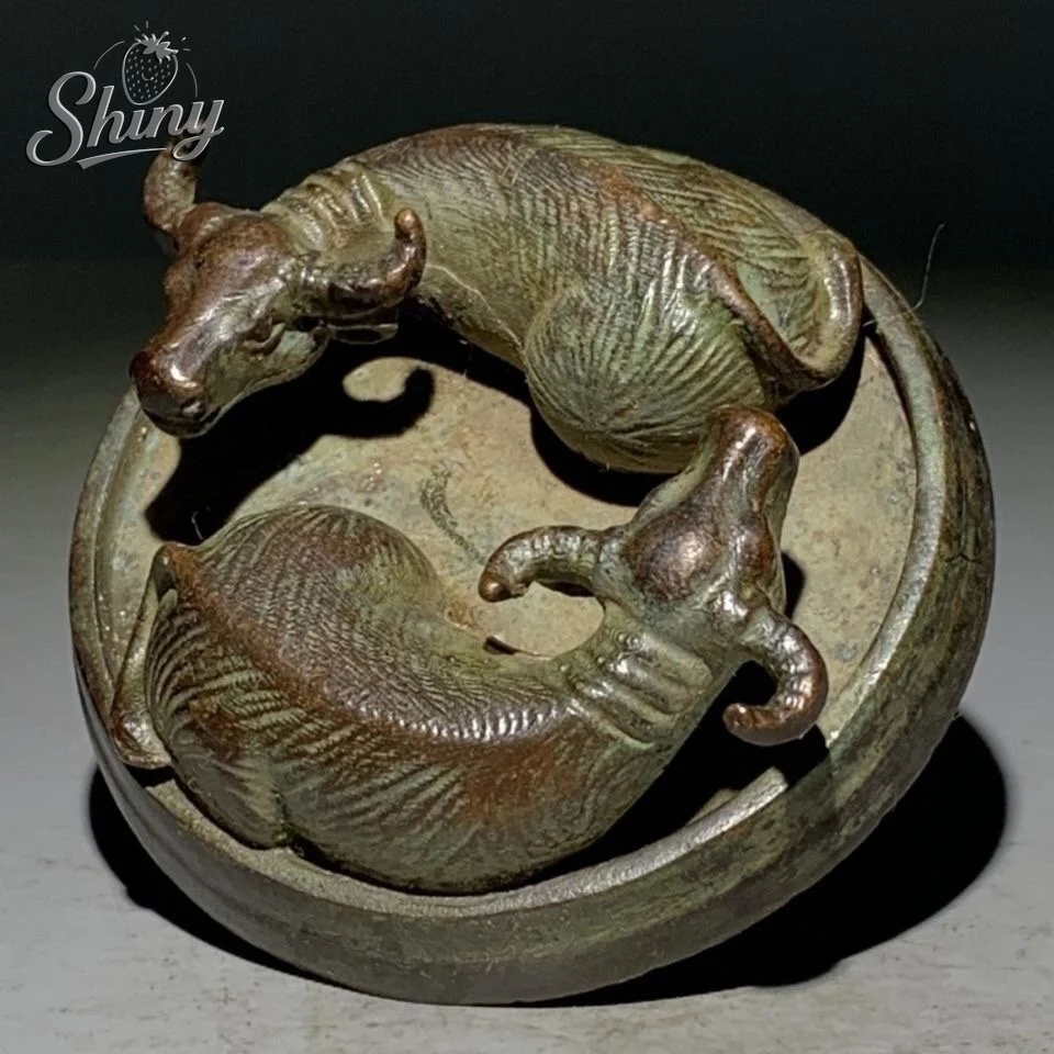 Antique Copper Double Ox Twists The Heaven  Earth Eight Trigrams Ornaments Statue Bull Figurine Desk Decoration Metal Figurine
