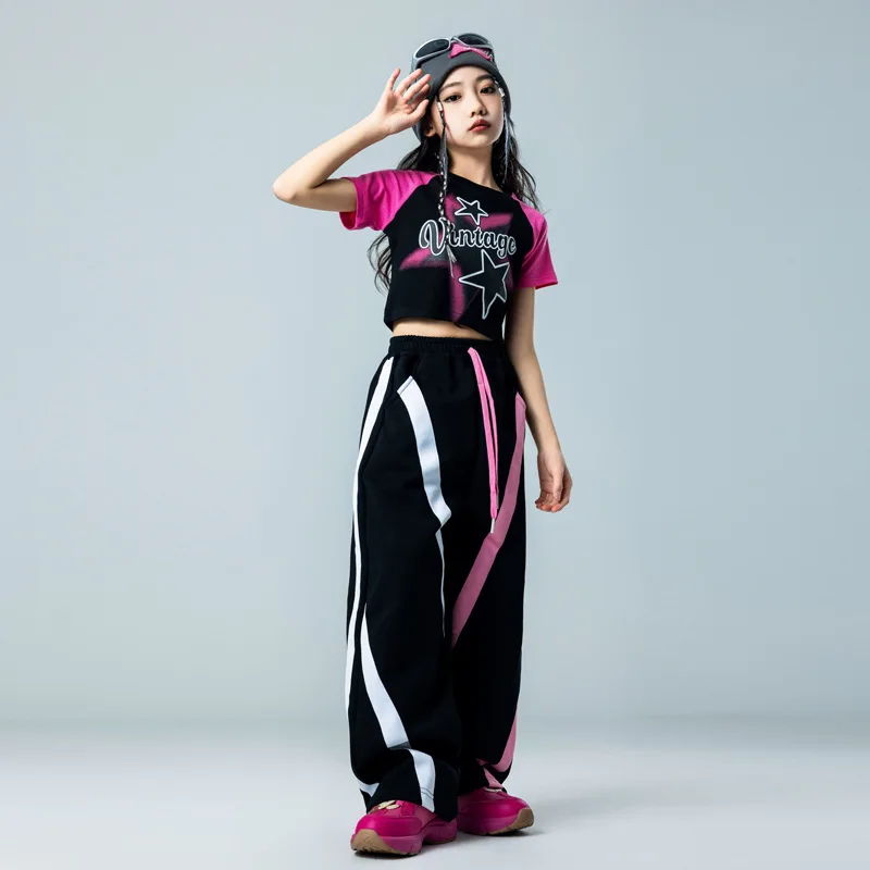 Комплект одежды для девочек-подростков, укороченная футболка и штаны в стиле хип-хоп, Детские Джоггеры для уличных танцев, джазовые сценические костюмы