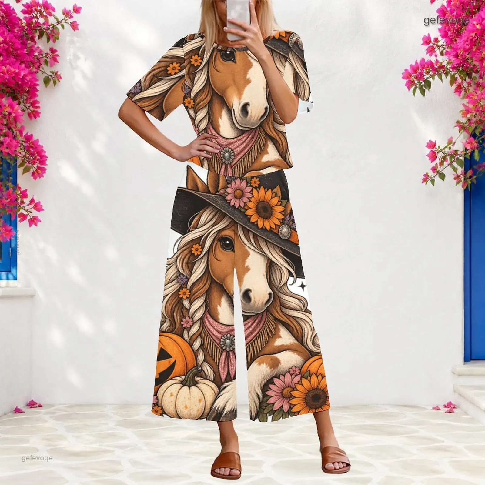 Women 2 Piece Outfit Round Neck Short Sleeve Top With Elastic Waist Wide Leg Pants Set Custom Print Ladies Casual Loungewear