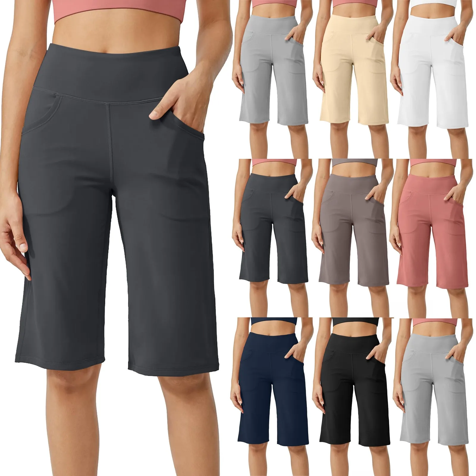 Women Elastic High Waist  Casual Active Fit Wide Capris Leg Pants Yoga Leggings Soft Gym Knee Length With Pockets