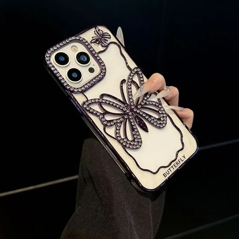 Advanced flash drill electroplated butterfly phone case, suitable for iPhone